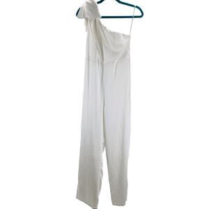 LULU'S SZ M My Forever Romance Ivory Satin One-Shoulder Jumpsuit NEW B32 flaw